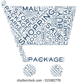 Word cloud in the form of an abstract supermarket shopping cart 