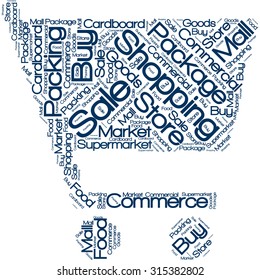Word cloud in the form of an abstract supermarket shopping cart 