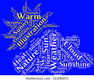 Word cloud in the form of an abstract yellow sun with white clouds against blue background