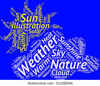 Word cloud in the form of an abstract yellow sun with white clouds against blue background