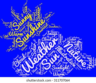 Word cloud in the form of an abstract yellow sun with white clouds against blue background