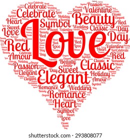 Word cloud in the form of a red heart. A visual representation of romantic feelings