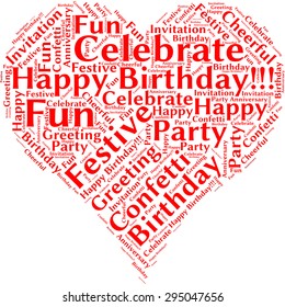 Word cloud in the form of a red heart. A visual representation of  the theme "Happy birthday!"