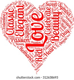 Word cloud in the form of a red heart