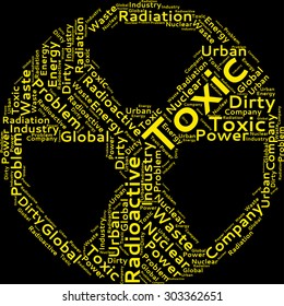 Word cloud in the form of sign "Radioactive" on a black background