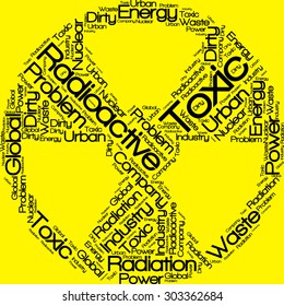 Word cloud in the form of sign "Radioactive" on a yellow background