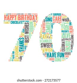 Word Cloud - Happy Birthday Celebration colorful wordclouds about celebrating your 70th birthday ;) blue, green, yellow, pink, grey, Seventy