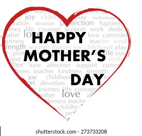 Word Cloud - "Happy Mothers Day" heart shape silhouette isolated on white background vector illustration