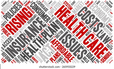 Word Cloud - Health Care Issues. wordclouds about healthcare, insurance, costs and plans Red, grey, white. Diagonal Banner
