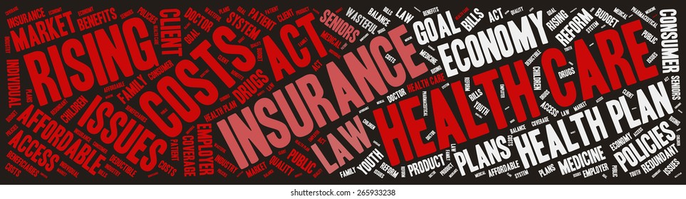 Word Cloud - Health Care Issues. wordclouds about healthcare, insurance, costs and plans Red, grey, white. Dark Background. Banner