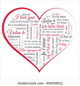 Word cloud heart on white. Phrase I love you in many languages. Vector illustration.