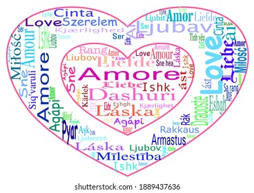 Word cloud in heart shape with the word love in different languages (for example: amor, liefde, amour, Liebe, amore) on transparent background. Different shades of pink and red, blue and green 