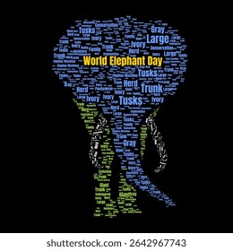 A word cloud int the shape of elephant illustration centered on World Elephant Day, featuring terms related to habitat, awareness, and conservation efforts. Ideal for educational contexts.