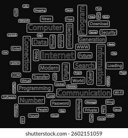 A word cloud of the word "internet" with many other words surrounding it. The word cloud is black and white