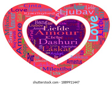 Word cloud with the word love in different languages (for example: amor, liefde, amour, Liebe, amore, pyar, ishk) on transparent background. Hearts are coloured in pink, white and purple 