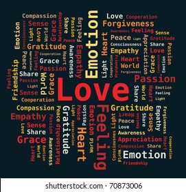 Word Cloud - Love Emotion Passion Gratitude Heart in Red Colors on Dark Background