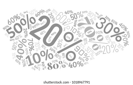 Word Cloud Made of Different Percentages of Discounts. Sales Vector Concept. Collage for Advertising Background