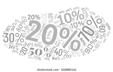 Word Cloud Made of Different Percentages of Discounts. Sales Vector Concept. Collage for Advertising Background