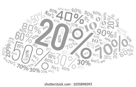 Word Cloud Made of Different Percentages of Discounts. Sales Vector Concept. Collage for Advertising Background
