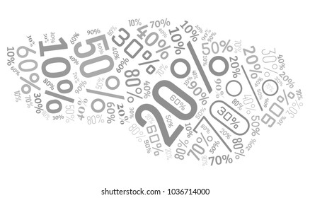 Word Cloud Made of Different Percentages of Discounts. Sales Vector Concept. Collage for Advertising Background