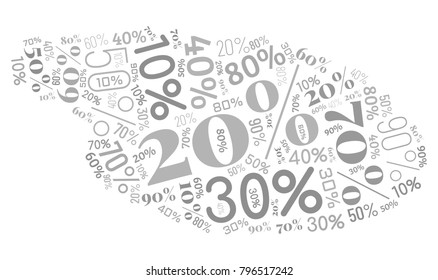 Word Cloud Made of Different Percentages of Discounts. Sales Vector Concept. Collage for Advertising Background