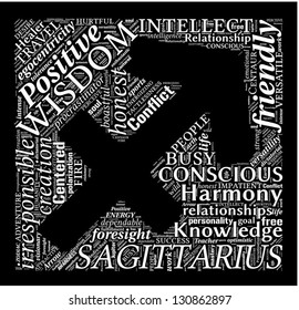 Word cloud made in a shape of Sagittarius sign with the words which describe Sagittarius.