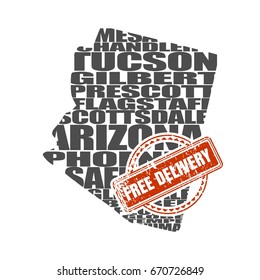 Word cloud map of Arizona state. Cities list collage. Free delivery stamp