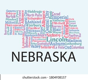 Word cloud map design includes all counties and major cities in the state of Nebraska. Four different colors with four different fonts . It is an editable vector.