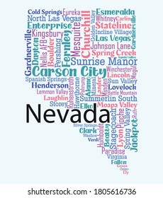 Word cloud map design includes all counties and major cities in the state of Nevada. Four different colors with four different fonts . It is an editable vector.