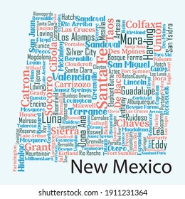 Word cloud map design includes all Counties, Cities, Municipalities,  in the state of New Mexico. It is an editable vector file.