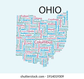 El diseño del mapa en nube incluye todos los condados, ciudades, municipios del estado de Ohio. Es un archivo vectorial editable.