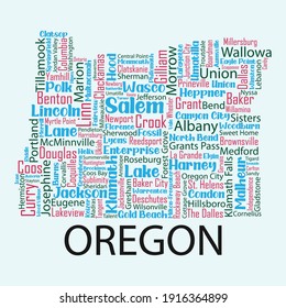 Word cloud map design includes all Counties, Cities, Municipalities in the state of Oregon. It's an editable vector file.
