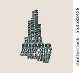 Word cloud map of Idaho state. Cities list collage