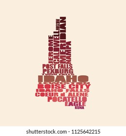 Word cloud map of Idaho state. Cities list collage