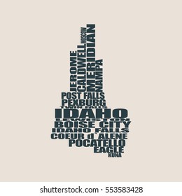 Word cloud map of Idaho state. Cities list collage