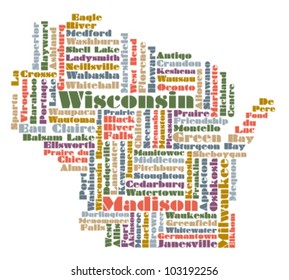 word cloud map of Wisconsin state