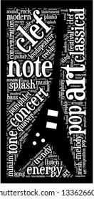 Word Cloud With Music Terms With Guitar Shape Inside. White Text On Black Background.