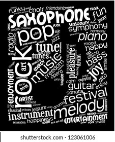 Word cloud with music words with note shape inside. White text on black background.