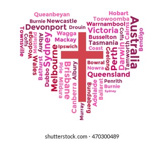 Word Cloud of Names of Major Cities and States of Australia in Heart Shape, with Red Cross in the center. 