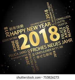word cloud with new year 2018 greetings colored gold and black background