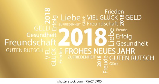 word cloud with new year 2018 greetings and golden background