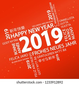 word cloud with new year 2019 greetings and red background