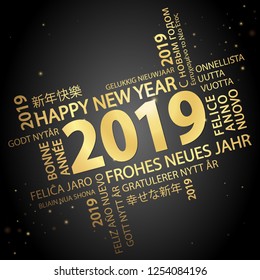 word cloud with new year 2019 greetings colored gold and black background