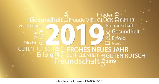 word cloud with new year 2019 greetings and golden background