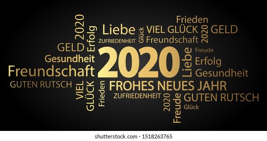 word cloud with new year 2020 greetings colored gold and black background