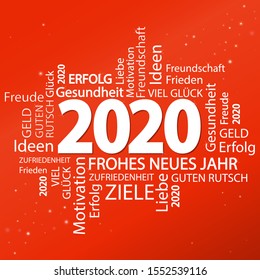 word cloud with new year 2020 greetings and red background