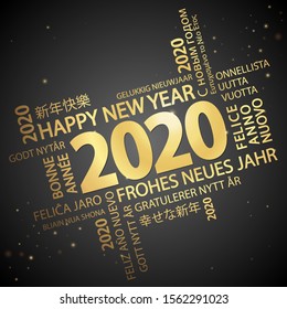 word cloud with new year 2020 greetings colored gold and black background