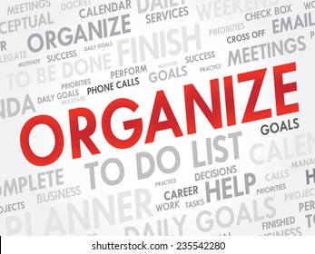 Word cloud of ORGANIZE related items, vector presentation background