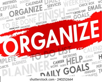 Word cloud of ORGANIZE related items, vector background