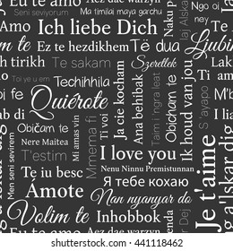 Word cloud pattern. Phrase I love you in different languages of the world. Vector seamless background on black.